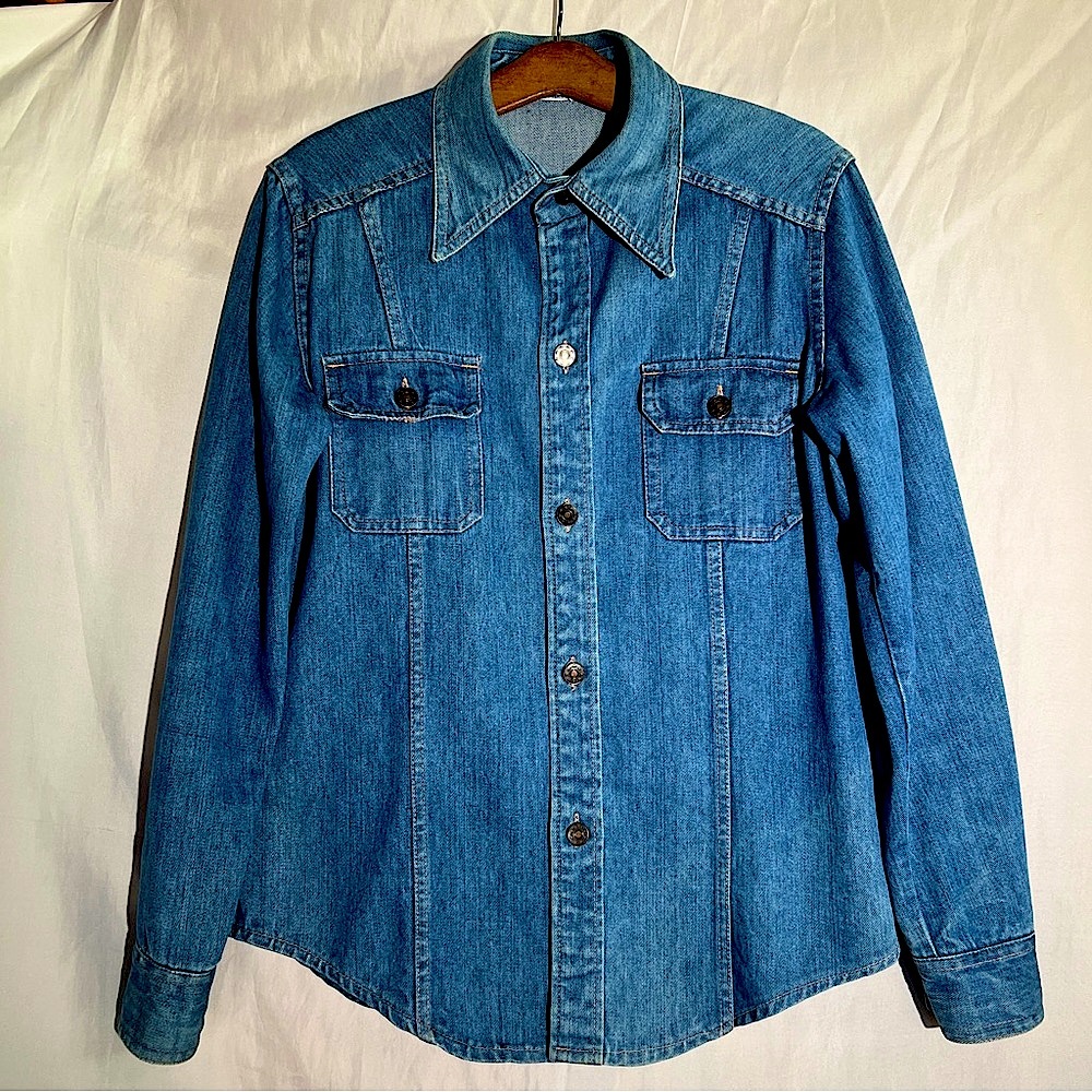 VTG 70’s Sears Fashions Groovy Denim Shirt Jacket Long Collar - 12